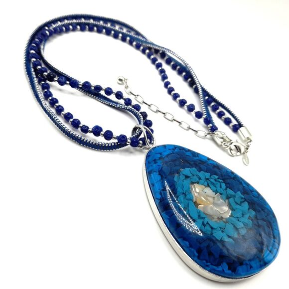 Chico's Faux Turquoise Chip Huge 4" Lucite Pendant Beaded Necklace 33" - Picture 2 of 11